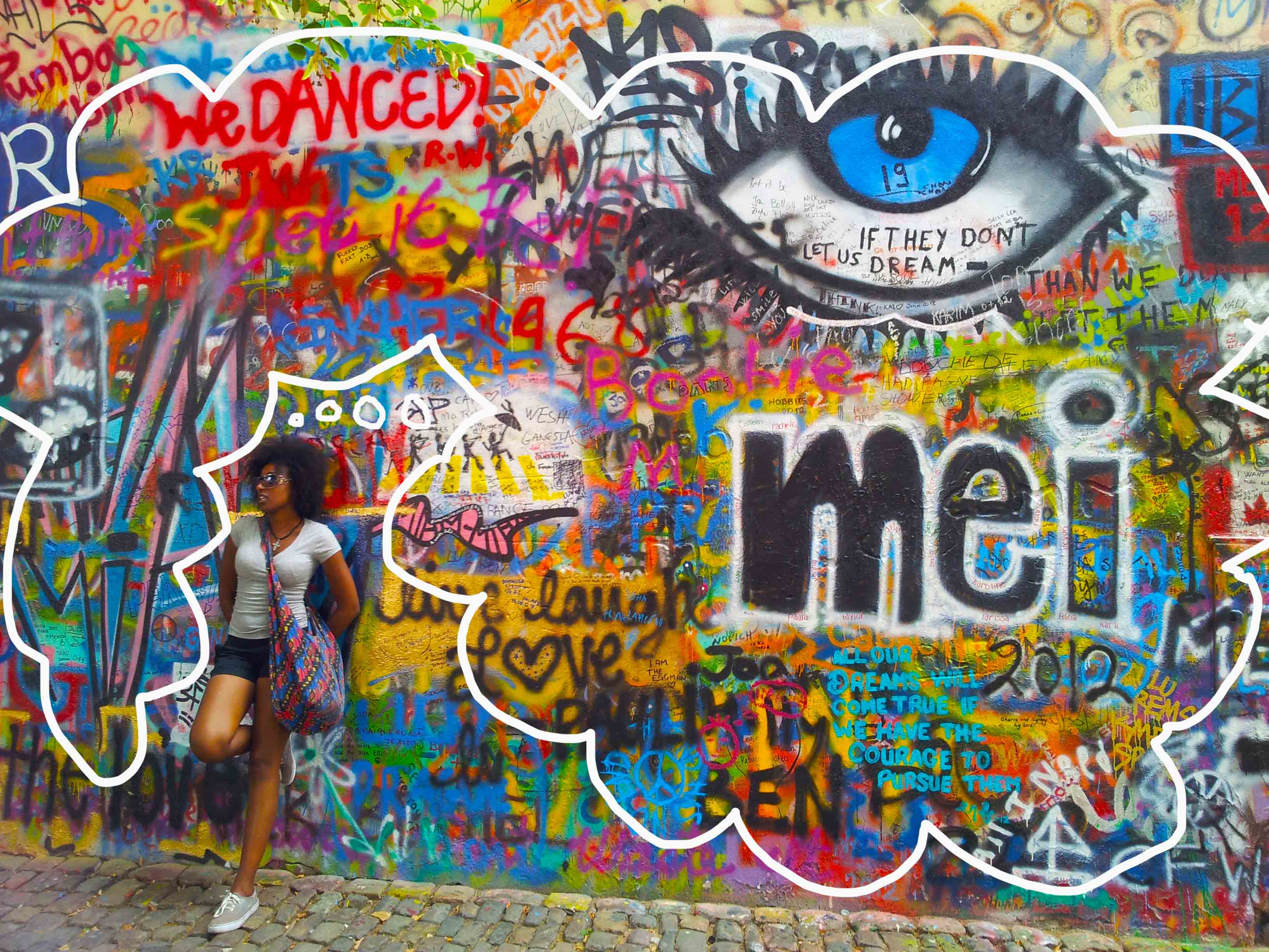 logo picture shows me leaning against John Lennon memorial wall of graffiti in Prague